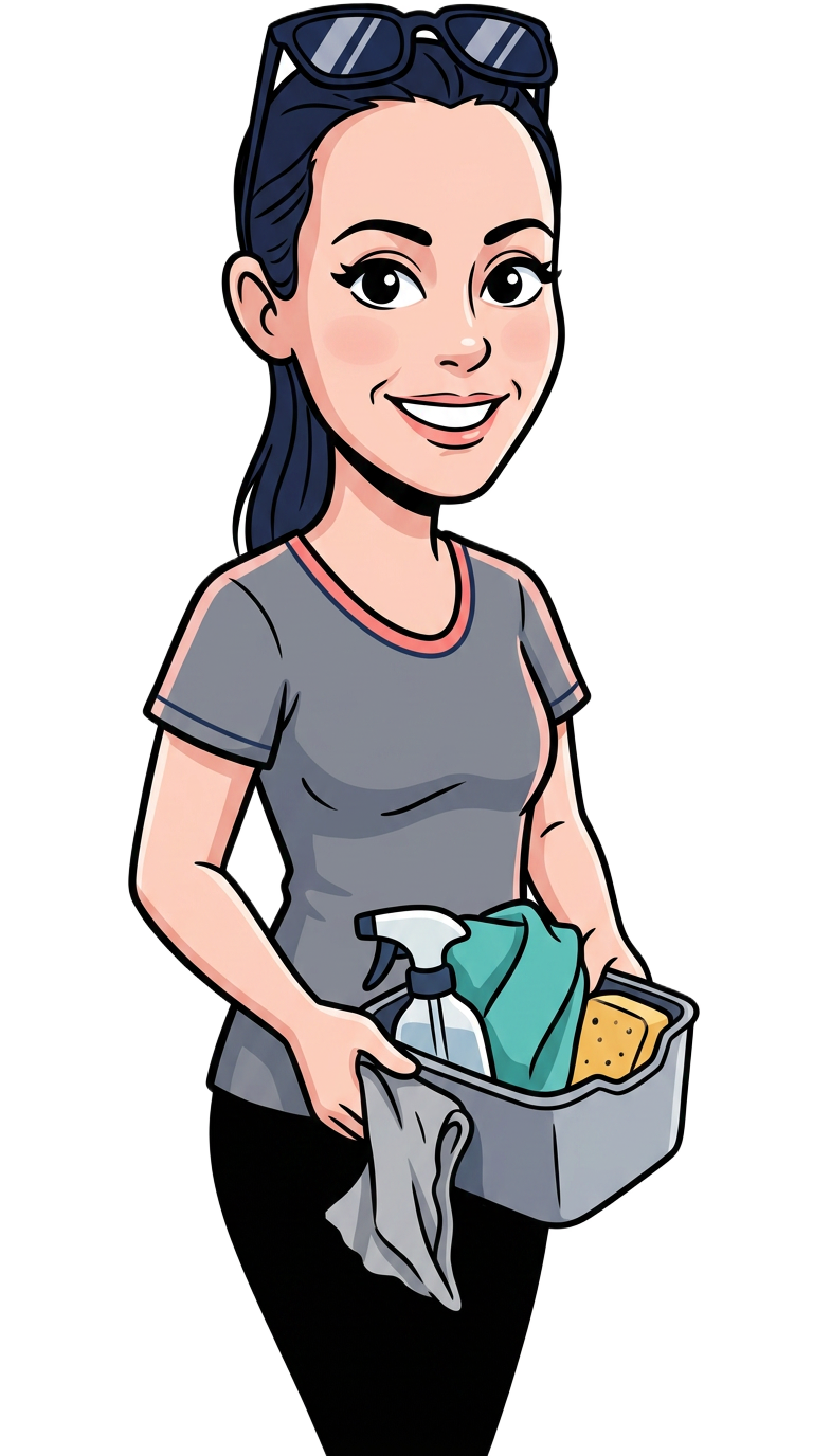 Laura, Founder of The Clean Freak, holding a caddy of cleaning supplies