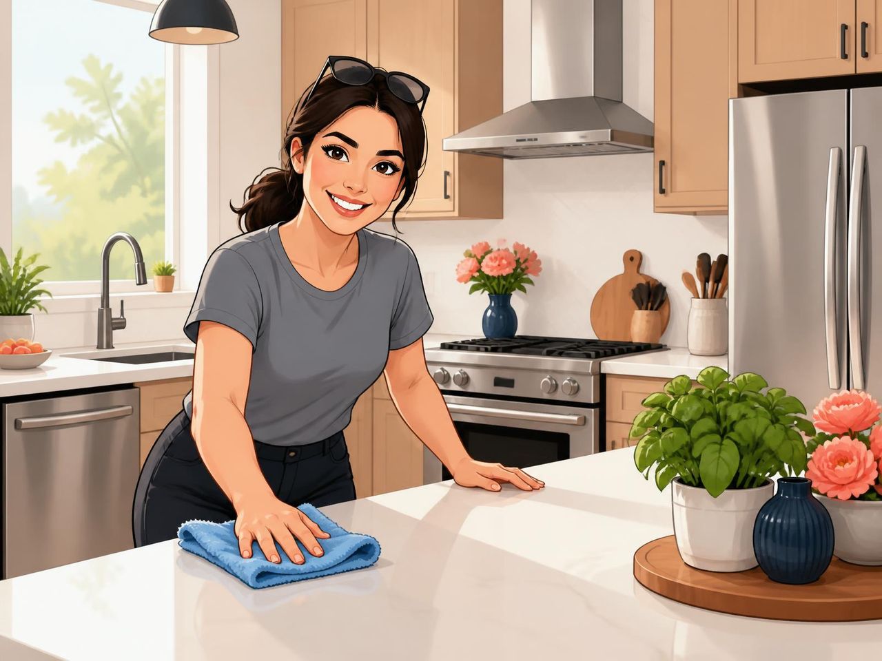 Illustration of a cleaner from The Clean Freak wiping down a kitchen counter in a Metro Vancouver home