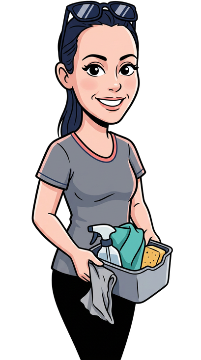Illustrated caricature of Laura, founder of The Clean Freak, holding a caddy of cleaning supplies